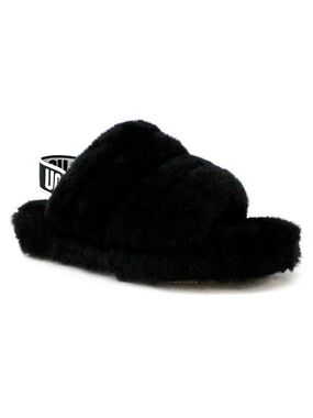 NEW Ugg Fluff Yeah Slippers Size 7 Black Slingback Slides Platform Shearling New